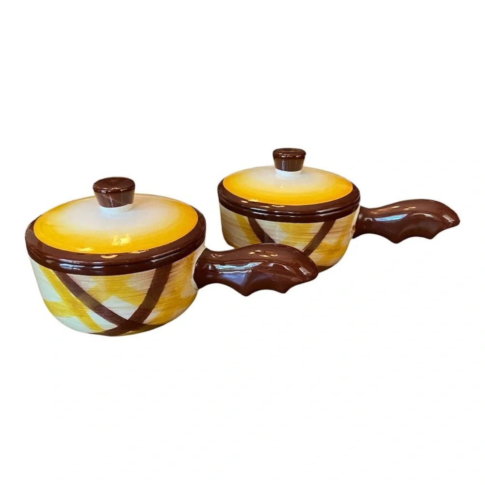 VTG Vernonware Organdie Covered Soup Bowls Handles Lids Set of 2 CA Pottery